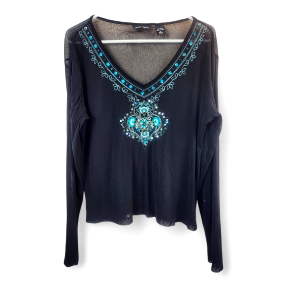 New York & Company Tops - Y2K Vtg Sheer Embellished Top Large Whimsygoth Long Sleeve Embroidered Layer